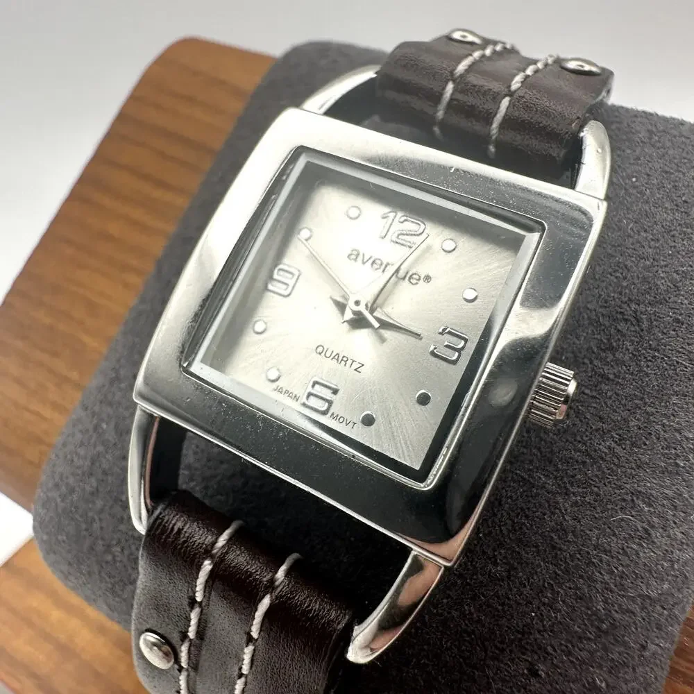 Avenue 9 Quartz Tank Watch Silver Dial Square Case Studded Brown Leather Strap